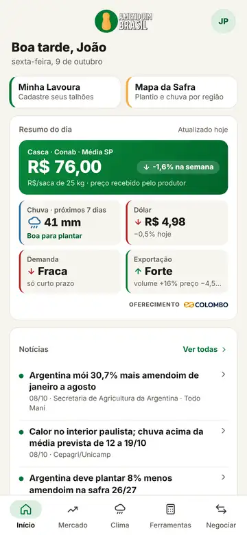 Tela inicial do app Amendoim Brasil com o preço do dia, chuva e notícias