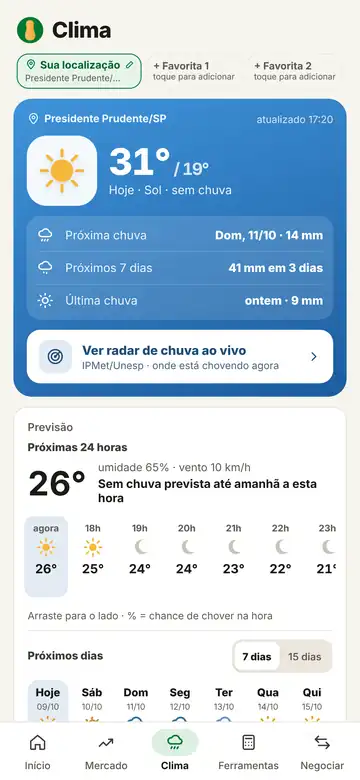 Tela de clima com a chuva da região